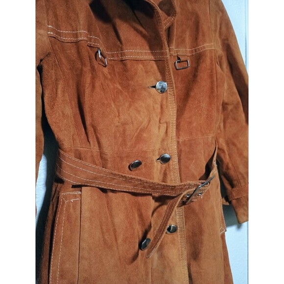 Vintage 70s Suede Trench Coat Rust Brown Belted Long Jacket Boho Western Women's - Picture 15 of 16